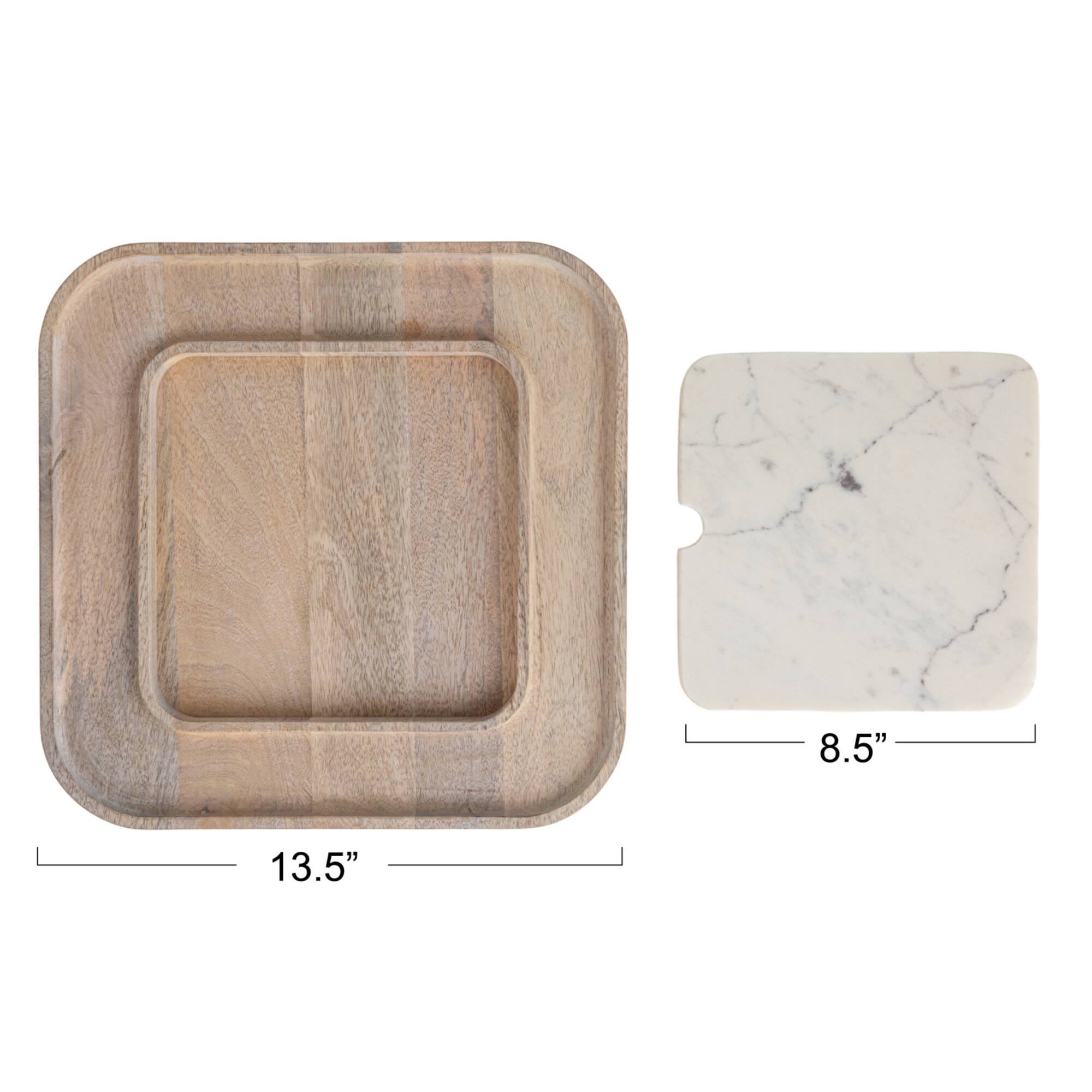 Hello Honey® 13.5" White Marble & Wood Cutting Board on a Dish